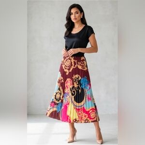 Versace Style Multicolor Pleated Skirt In Barocco And Greek Key Print  S - L